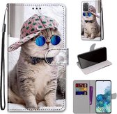 Voor Samsung Galaxy S20 + Gekleurde tekening Cross Texture Horizontale Flip PU lederen tas met houder & kaartsleuven & portemonnee & lanyard (schuine hoed blauwe spiegel kat)