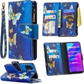 Voor Huawei Honor 9A Gekleurde Tekening Patroon Rits Horizontale Flip Lederen Case met Houder & Kaartsleuven & Portemonnee (Goud Vlinder)