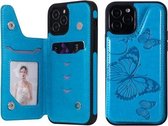 Vlinder reliëfpatroon schokbestendig beschermhoes met houder & kaartsleuven en fotolijst voor iPhone 12/12 Pro (blauw)