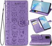 Voor Galaxy S20 Plus schattige kat en hond reliëf horizontale flip lederen tas met beugel / kaartsleuf / portemonnee / lanyard (paars)