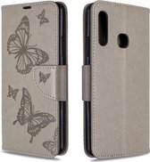 Voor Galaxy A70e Twee vlinders reliëfpatroon horizontaal Flip lederen tas met houder & kaartsleuf & portemonnee & lanyard (grijs)