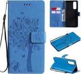 Voor OPPO Reno4 Pro 4G Tree & Cat Pattern Pressed Printing Horizontale Flip PU lederen tas met houder & kaartsleuven & portemonnee & lanyard (blauw)