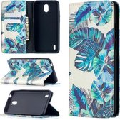 Voor Nokia 1.3 Gekleurde Tekening Patroon Onzichtbare Magnetische Horizontale Flip PU Lederen Case met Houder & Kaartsleuven & Portemonnee (Blauwe Bladeren)