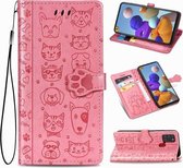 Voor Samsung Galaxy A21s Lovely Cat and Dog Embossing Pattern Horizontale Flip Leather Case, met houder & kaartsleuven & portemonnee & Cartoon Clasp & Lanyard (Pink)