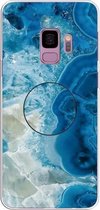 Voor Galaxy S9 reliëf gelakt marmer TPU beschermhoes met houder (lichtblauw)