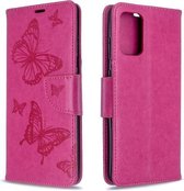 Voor Galaxy S20 + Embossing Two Butterflies Pattern Horizontale Flip PU Leather Case met Houder & Card Slot & Wallet & Lanyard (Rose Red)