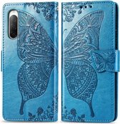 Voor Sony Xperia 10 II Vlinder Liefde Bloem Reliëf Horizontale Flip Leren Case met Beugel / Kaartsleuf / Portemonnee / Lanyard (Blauw)