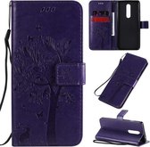 Voor OnePlus 8 Tree & Cat Pattern Pressed Printing Horizontale Flip PU lederen hoes met houder & kaartsleuven & portemonnee & lanyard (paars)