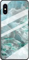 Voor iPhone XS / X marmeren patroon glas beschermhoes (cyaan)
