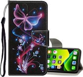 Voor iPhone 11 Pro Gekleurd tekeningpatroon Horizontaal lederen flip-hoesje met houder & kaartsleuven & portemonnee (fluorescerende vlinder)
