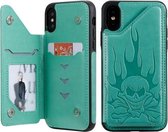 Voor iPhone XS / X Skull Head Embossing Pattern Schokbestendige beschermhoes met houder & kaartsleuven & portemonnee (groen)