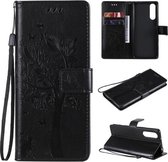 Voor Sony Xperia5 II Boom & Kat Patroon Geperst Afdrukken Horizontale Flip PU Lederen Case met Houder & Kaartsleuven & Portemonnee & Lanyard (Zwart)