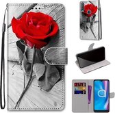 Voor Alcatel 1S (2020) / 3L (2020) Gekleurde tekening Cross Texture Horizontale Flip PU lederen tas met houder & kaartsleuven & portemonnee & lanyard (Wood Red Rose)