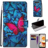 Voor LG K61 Gekleurde Tekening Cross Textuur Horizontale Flip PU Lederen Case met Houder & Kaartsleuven & Portemonnee & Lanyard (Blauw Rood Vlinder)
