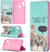 Voor Samsung Galaxy A11 Gekleurde Tekening Patroon Onzichtbare Magnetische Horizontale Flip PU Lederen Case met Houder & Kaartsleuven & Portemonnee (Kat)
