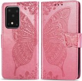 Voor Galaxy S20 Ultra Butterfly Love Flowers Embossing Horizontale Flip Leather Case met houder & kaartsleuven & portemonnee & Lanyard (roze)