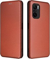 Voor Geschikt voor Xiaomi Redmi K40 / K40 Pro Koolstofvezel Textuur Magnetische Horizontale Flip TPU + PC + PU lederen tas met kaartsleuf (bruin)