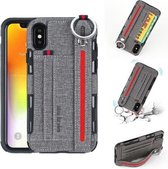 Voor iPhone XS Max stoffen textuur + TPU schokbestendige beschermhoes met metalen ring & houder & kaartsleuven & ophangriem (grijs)