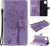 Voor Samsung Galaxy A12 Boom & Kat Patroon Geperst Afdrukken Horizontale Flip PU Lederen Case met Houder & Kaartsleuven & Portemonnee & Lanyard (Lavendel)