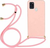 Voor Samsung Galaxy A21s tarwestro-materiaal + TPU-beschermhoes met draagkoord (roze)