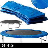 Blauwe trampoline beschermrand, opgevouwen, met een trampoline van 426cm.