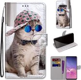 Voor Samsung Galaxy S10 Gekleurde Tekening Cross Textuur Horizontale Flip PU Lederen Case met Houder & Kaartsleuven & Portemonnee & Lanyard (Schuine Hoed Blauwe Spiegel Kat)