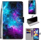 Voor Samsung Galaxy M11 & A11 Gekleurde tekening Cross Texture Horizontale Flip PU lederen tas met houder & kaartsleuven & portemonnee & lanyard (paarsgroene sterrenhemel)