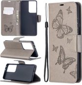 Voor Samsung Galaxy S21 Ultra 5G Embossing Two Butterflies Pattern Horizontale Flip PU Leather Case met houder & kaartsleuf & portemonnee & Lanyard (grijs)