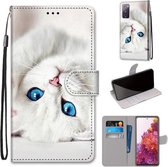 Voor Samsung Galaxy S20 FE Gekleurde Tekening Cross Textuur Horizontale Flip PU Lederen Case met Houder & Kaartsleuven & Portemonnee & Lanyard (Wit Kitten)