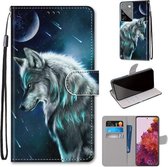 Voor Samsung Galaxy S21 Ultra 5G Gekleurde Tekening Cross Textuur Horizontale Flip PU Lederen Case met Houder & Kaartsleuven & Portemonnee & Lanyard (Peinzende Wolf)