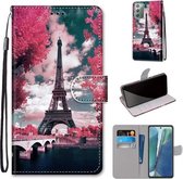 Voor Samsung Galaxy Note 20 Gekleurde Tekening Cross Textuur Horizontale Flip PU Lederen Case met Houder & Kaartsleuven & Portemonnee & Lanyard (Pink Flower Tower Bridge)