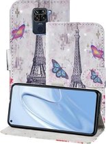 Voor Xiaomi Redmi Note 9 3D-schilderijpatroon Gekleurde tekening Horizontale flip PU-lederen hoes met houder & kaartsleuven & portemonnee & lanyard (Eiffeltoren)