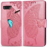 Voor Asus ROG Phone II 2 ZS660K Vlinder Liefde Bloemen Embossing Horizontale Flip Leren Case met Houder & Kaartsleuven & Portemonnee & Lanyard (Roze)