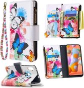 Voor Samsung Galaxy A11 Gekleurde Tekening Patroon Rits Horizontale Flip Leren Case met Houder & Kaartsleuven & Portemonnee (Twee Vlinders)