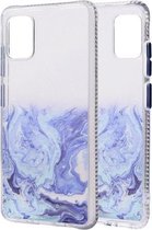 Voor Samsung Galaxy A51 marmerpatroon glitterpoeder schokbestendig TPU-hoesje met afneembare knoppen (blauw)