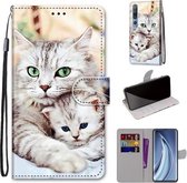 Voor Xiaomi Mi 10 5G Gekleurde tekening Cross Texture Horizontale flip PU lederen tas met houder & kaartsleuven & portemonnee & lanyard (Big Cat Holding Kitten)