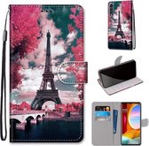Voor LG Fluwelen Gekleurde Tekening Cross Textuur Horizontale Flip PU Lederen Case met Houder & Kaartsleuven & Portemonnee & Lanyard (Roze Bloem Tower Bridge)
