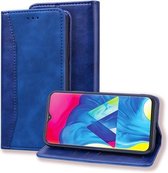 Voor Samsung Galaxy A11 / M11 Zakelijke stiksels Horizontale flip lederen tas met dubbel vouwen & beugel & kaartsleuven & fotolijst & portemonnee (saffierblauw)