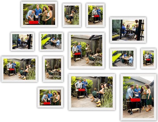 HAES DECO - Collage set met 14 houten fotolijsten Paris wit voor foto's formaat 10x15, 13x18, 15x20, 20x30, 30x30 en 30x40 - SP001903-14