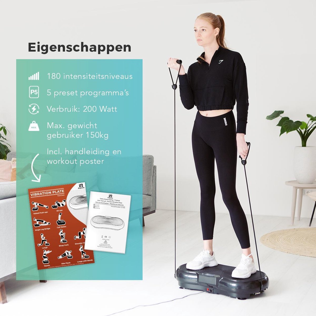 DH FitLife Trilplaat - 99 Niveaus, 9 Programma's, Bluetooth Speaker, Weerstandsbanden, Max 150 Kg