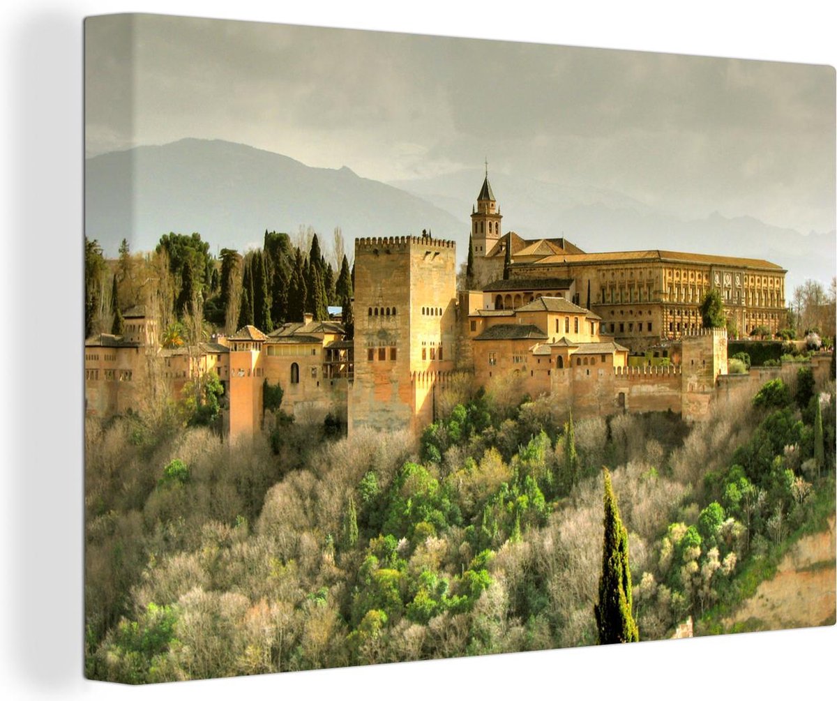 Canvas Schilderij Uitzicht op het Alhambra vanaf de Mirador de San Nicolás in de Albaycin Granada - 140x90 cm - Wanddecoratie - OneMillionCanvasses