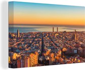 Canvas Schilderij Barcelona - Zee - Zonsondergang - 30x20 cm - Wanddecoratie