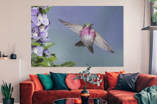 Un colibri calliope aux fleurs violettes Toile 180x120 cm - Tirage photo sur Toile (Décoration murale salon / chambre) XXL / Groot format!