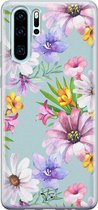 Huawei P30 Pro hoesje - Mint bloemen - Siliconen - Soft Case Telefoonhoesje - Bloemen - Blauw