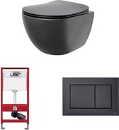 Bewonen Alento toiletset - hangtoilet Rimless mat zwart - met Tece reservoir/bedieningsplaat - mat zwart