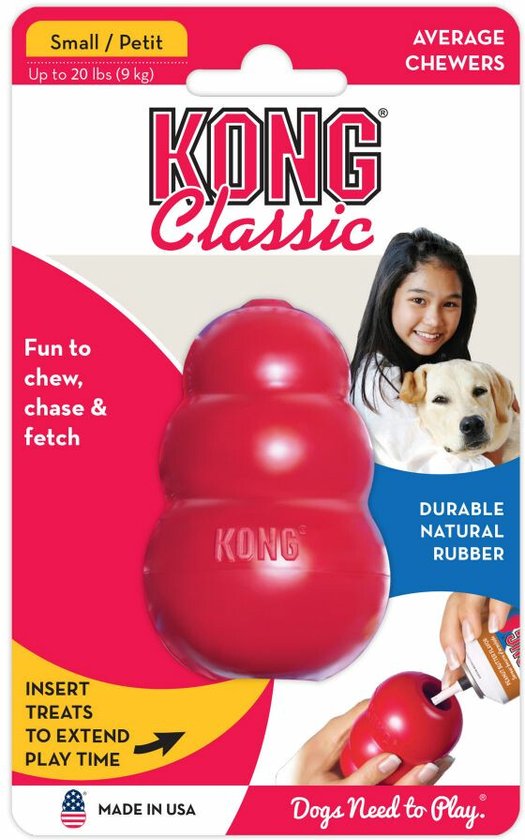 Verpakking van een rood KONG Classic hondenspeeltje, maat S, duurzaam natuurlijk rubber.