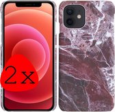 Hoes voor iPhone 12 Hoesje Marmer Case Marmeren Cover Hoes Rood Marmer Hardcover 2x