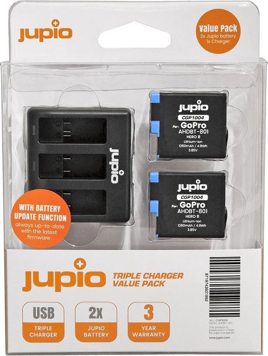 Jupio Value Pack: 2x Battery GoPro HERO8 AHDBT-801 1260mAh + Compact USB  Triple... | bol.com