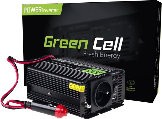 Zwarte Green Cell 150W omvormer met stopcontact, USB-poort en autostekker, naast de verpakking.