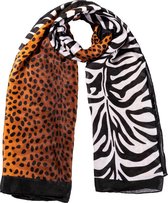 Nouka sjaal zwart/witte zebra print met bruin panter